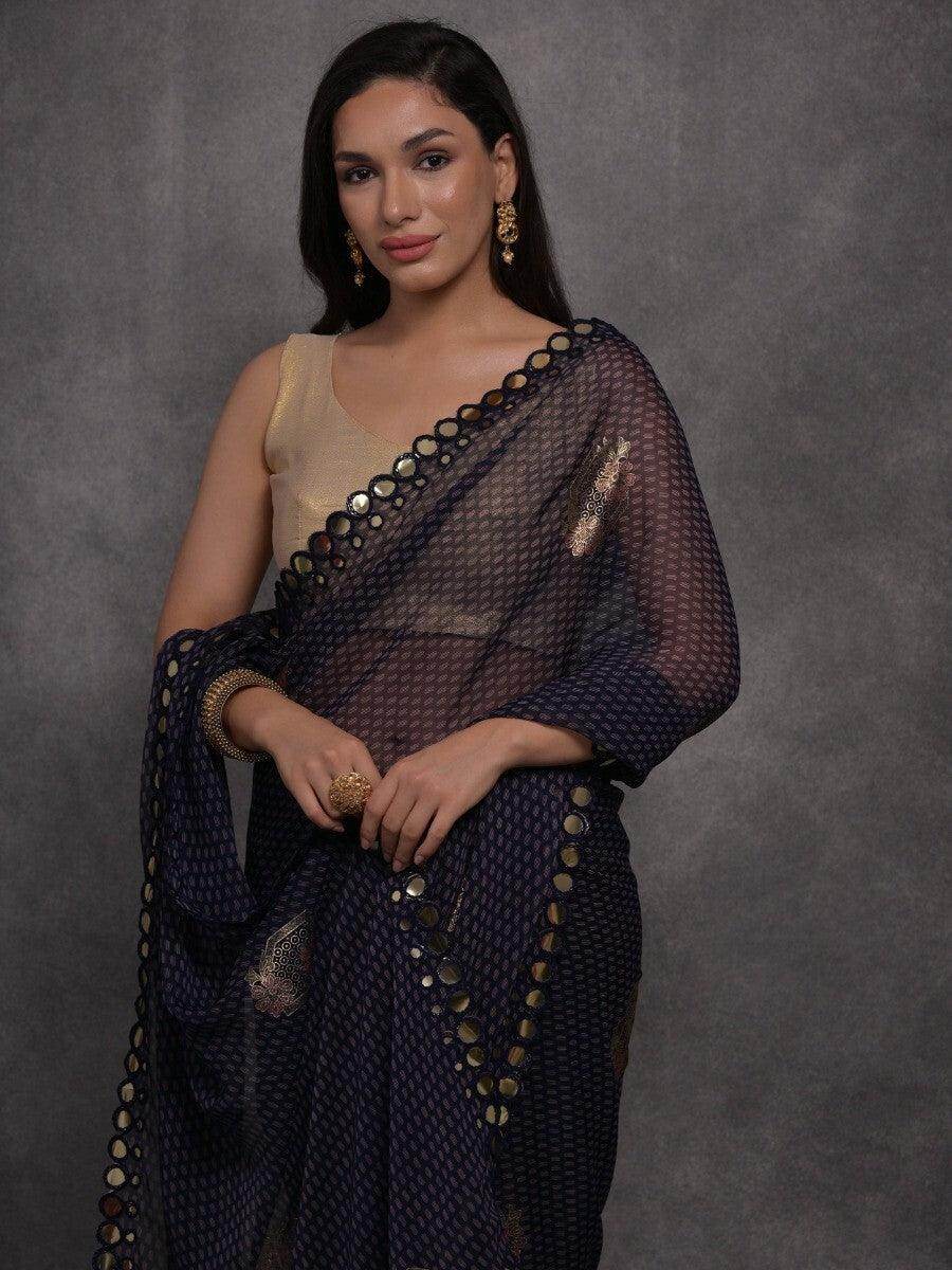 Enchanting Navy-Blue Foil Printed Georgette Saree With Blouse - Zeel Clothing