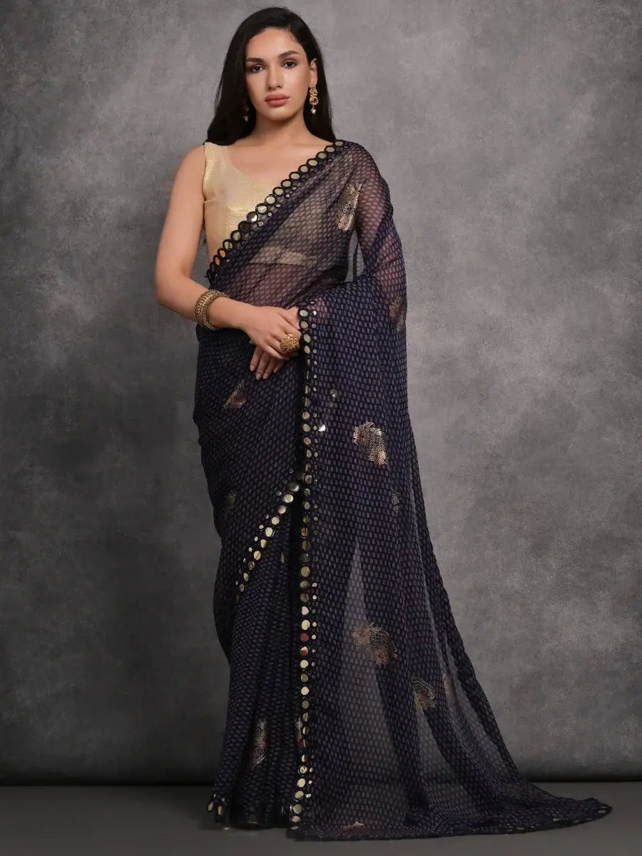 Enchanting Navy-Blue Foil Printed Georgette Saree With Blouse - Zeel Clothing