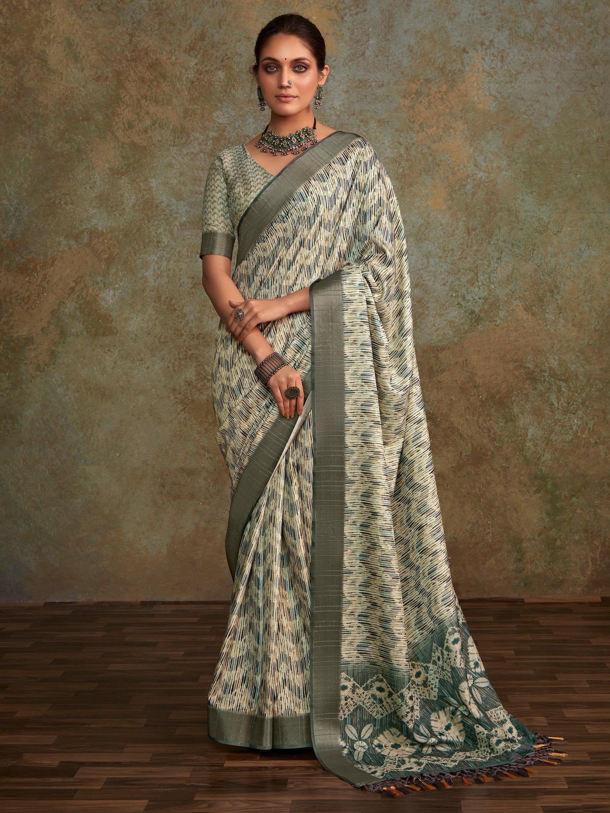 Enchanting Off-White Digital Printed Silk Event Wear Saree With Blouse