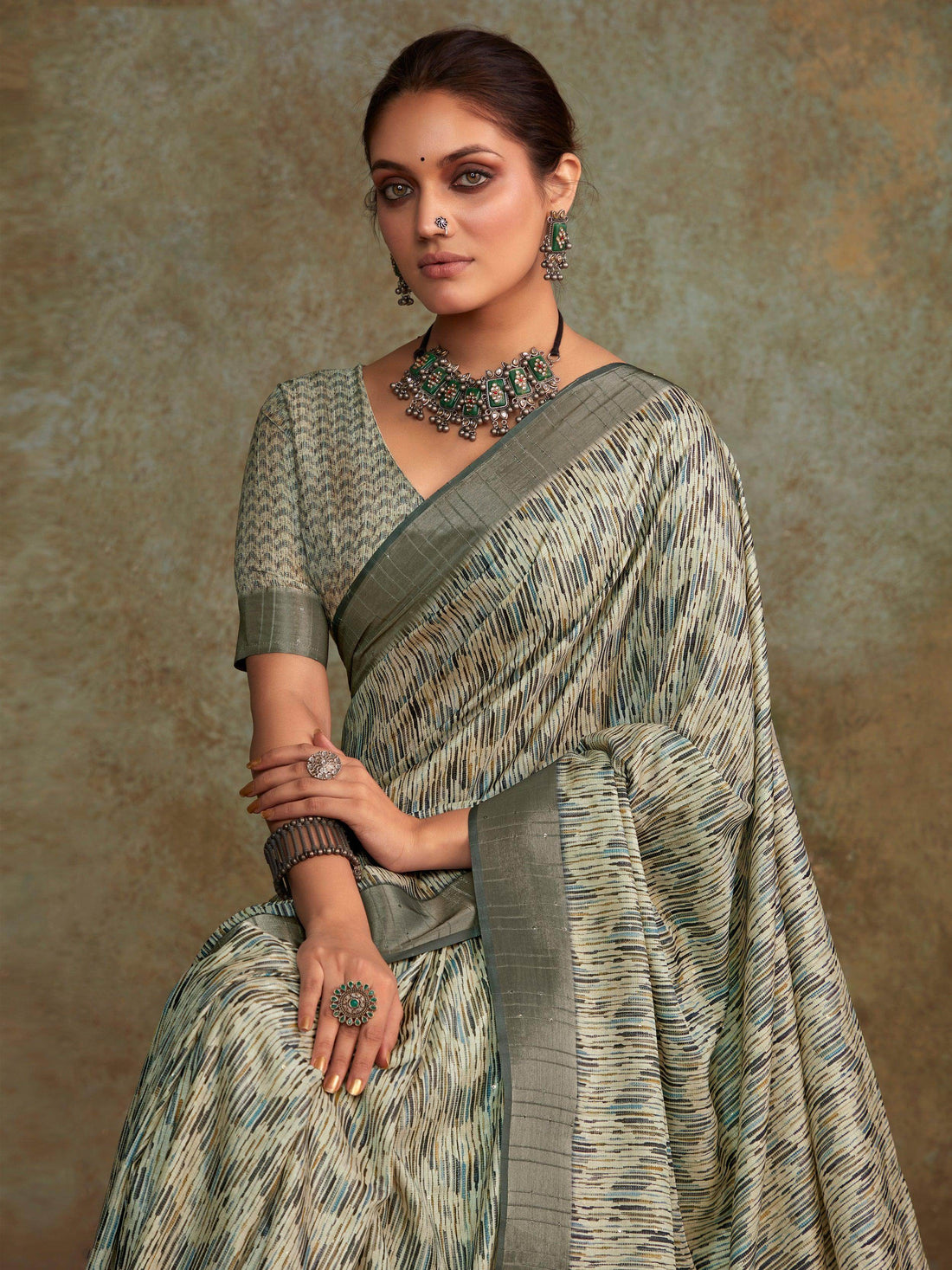 Enchanting Off-White Digital Printed Silk Event Wear Saree With Blouse - Zeel Clothing