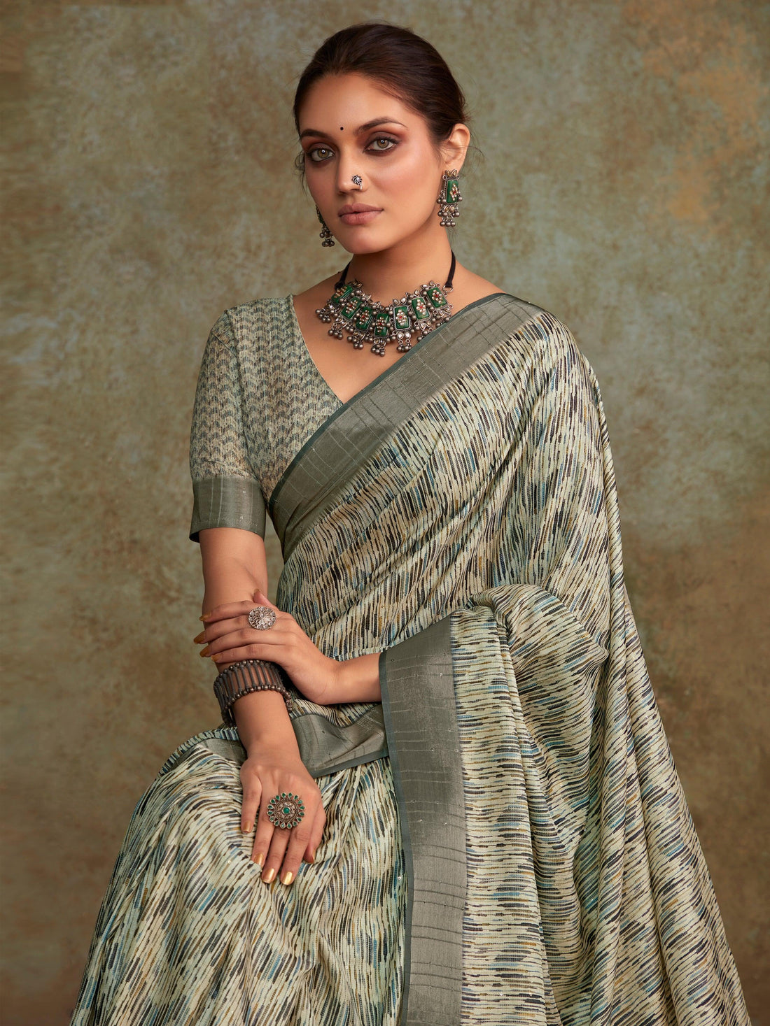 Enchanting Off-White Digital Printed Silk Event Wear Saree With Blouse