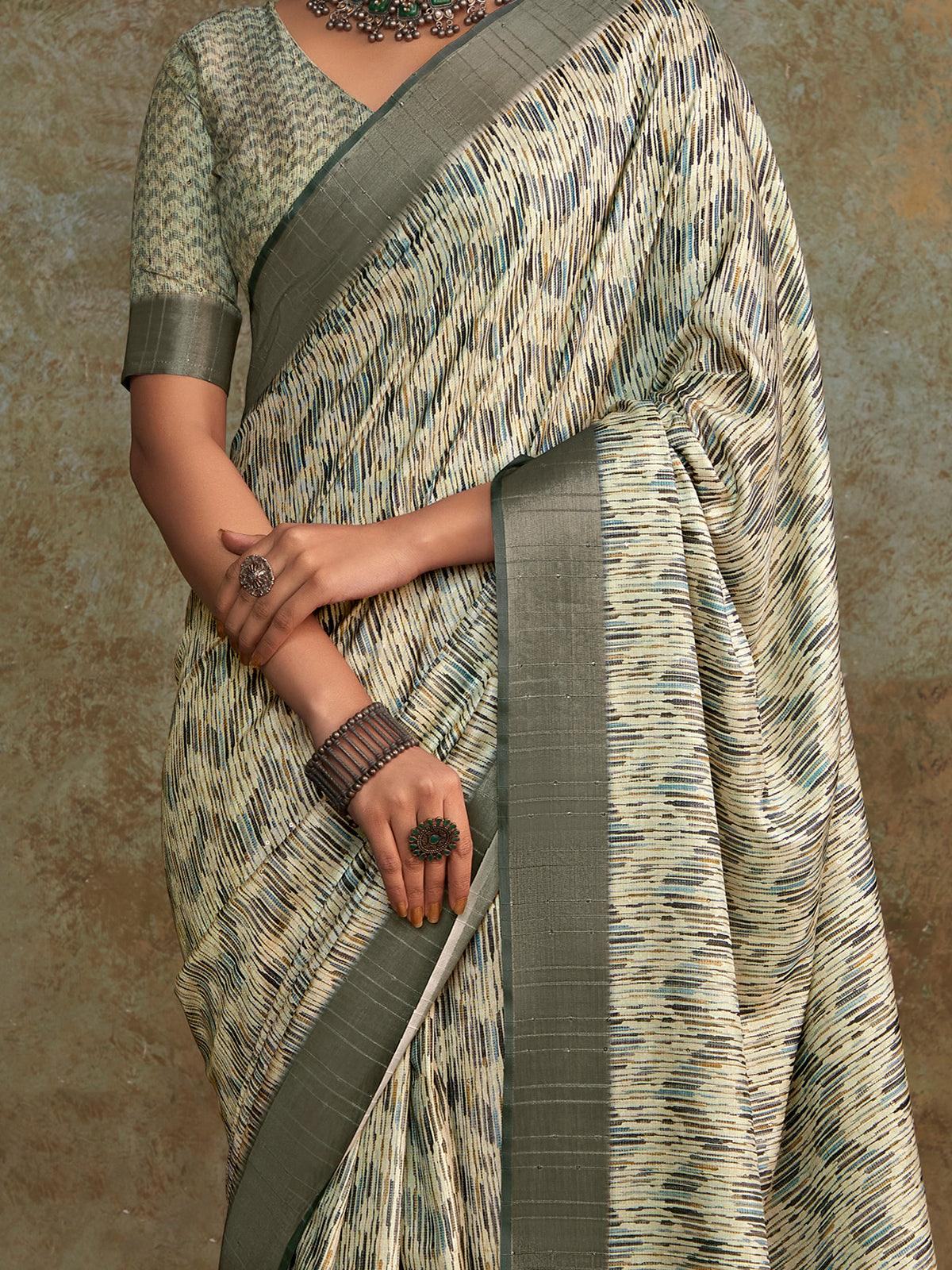 Enchanting Off-White Digital Printed Silk Event Wear Saree With Blouse