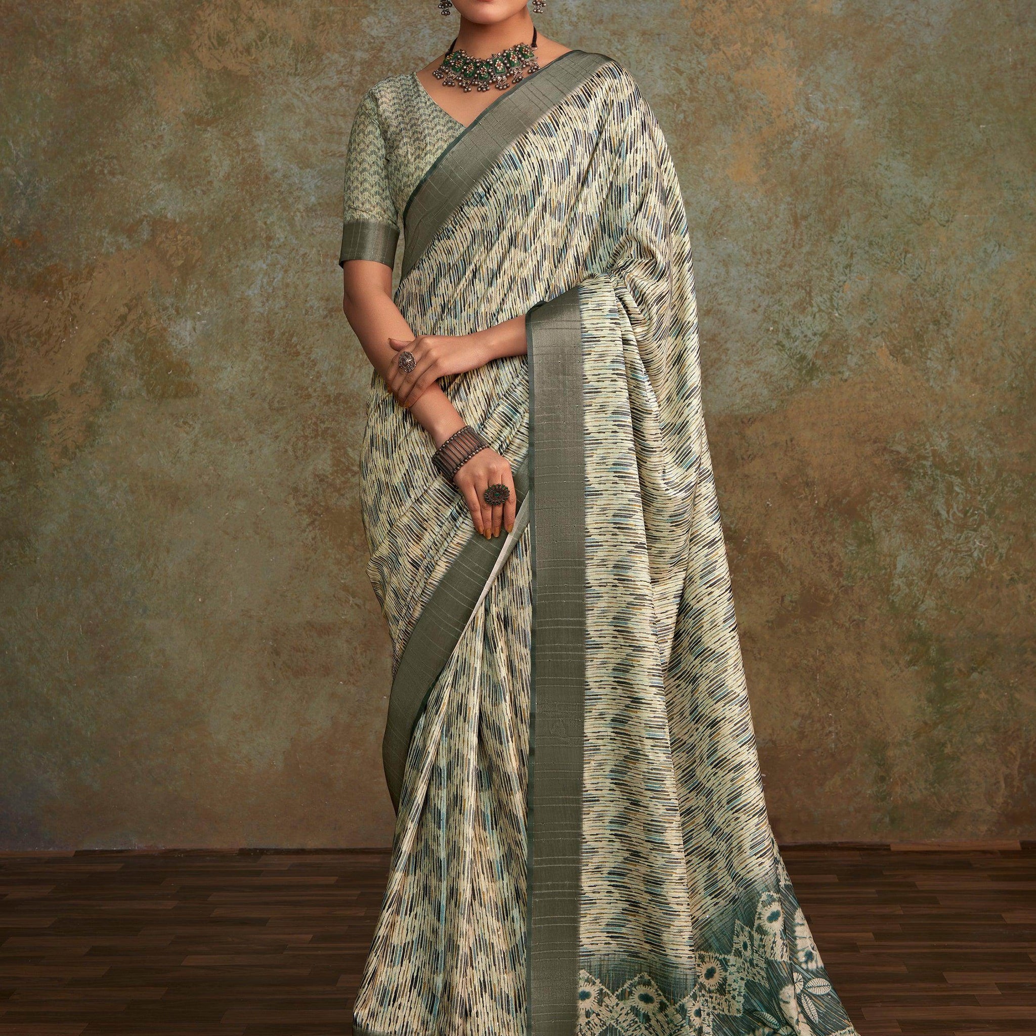 Enchanting Off-White Digital Printed Silk Event Wear Saree With Blouse - Zeel Clothing