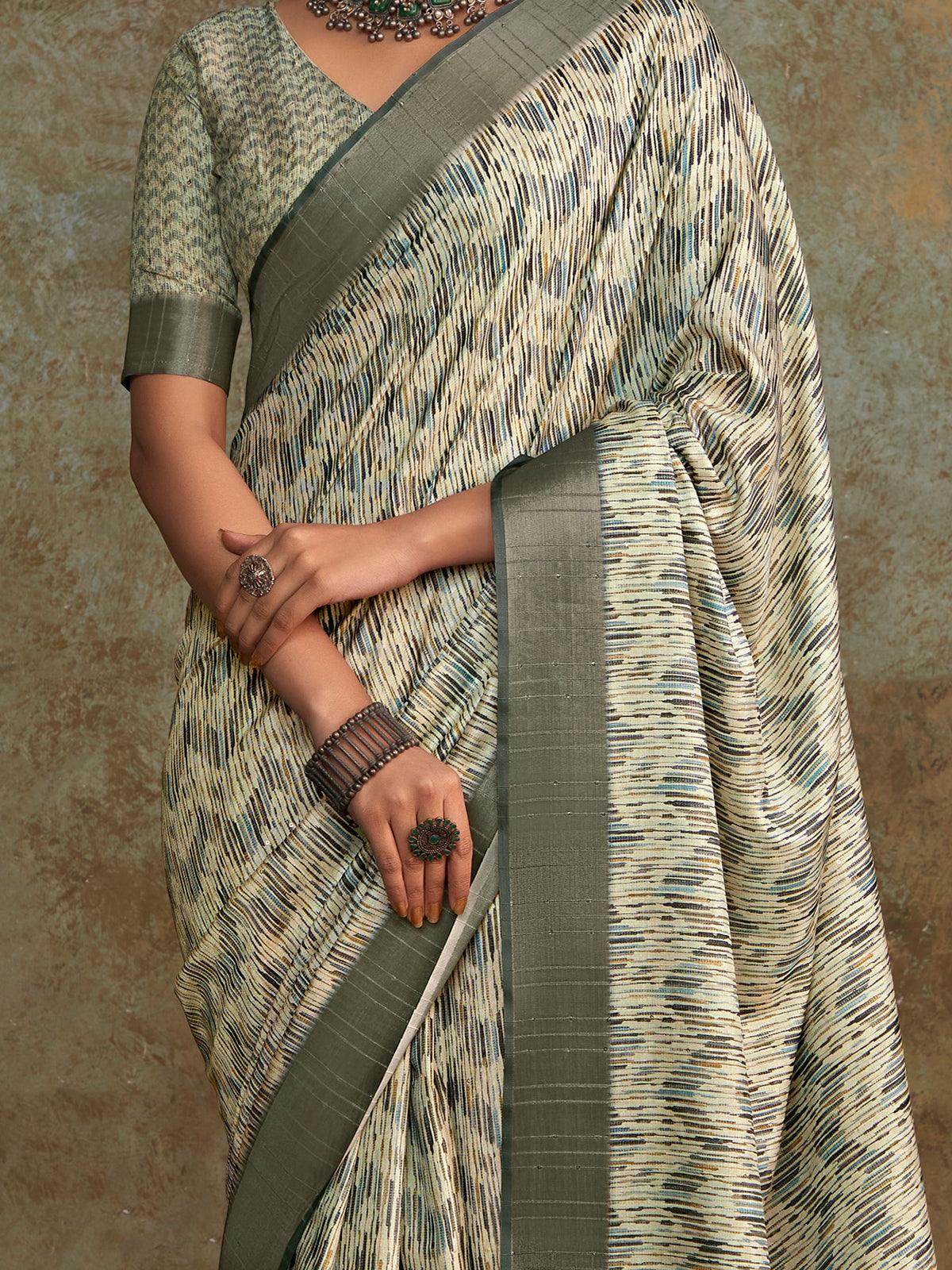 Enchanting Off-White Digital Printed Silk Event Wear Saree With Blouse - Zeel Clothing