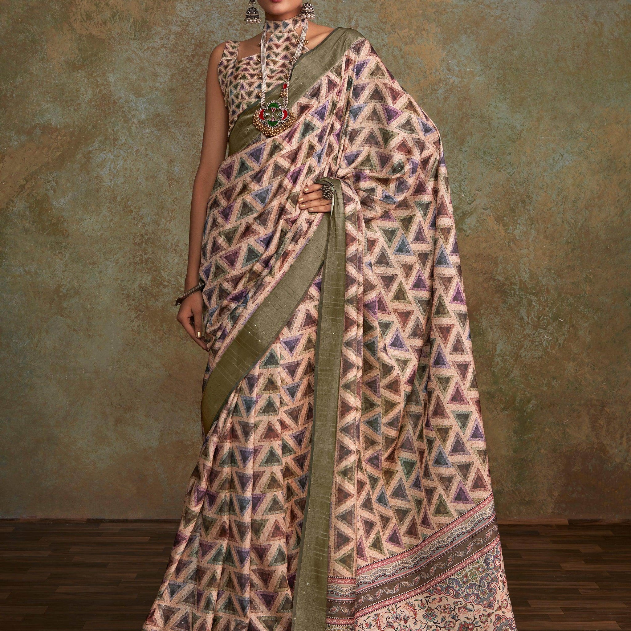 Enchanting Off-White Digital Printed Silk Saree With Blouse - Zeel Clothing