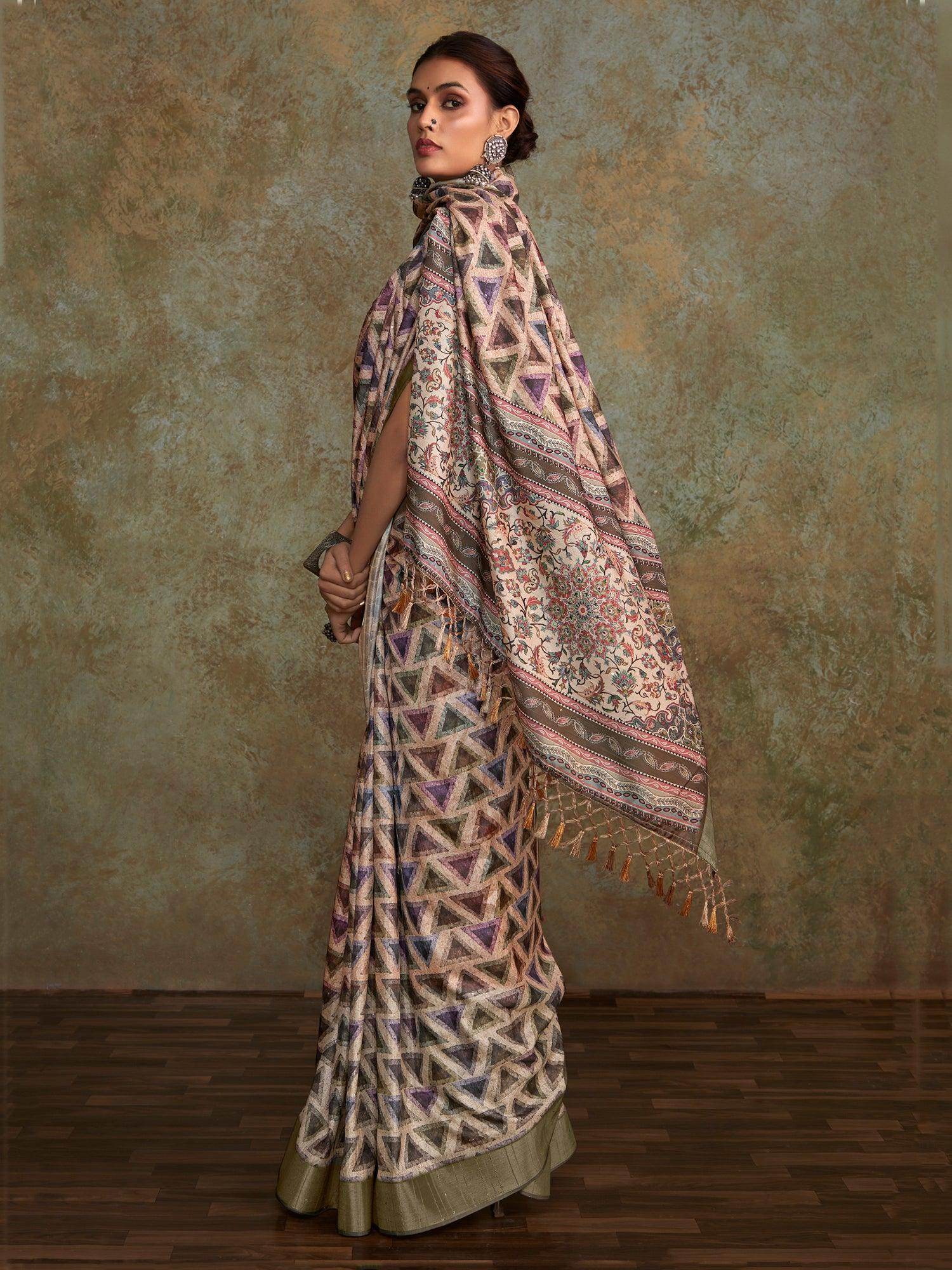 Enchanting Off-White Digital Printed Silk Saree With Blouse - Zeel Clothing