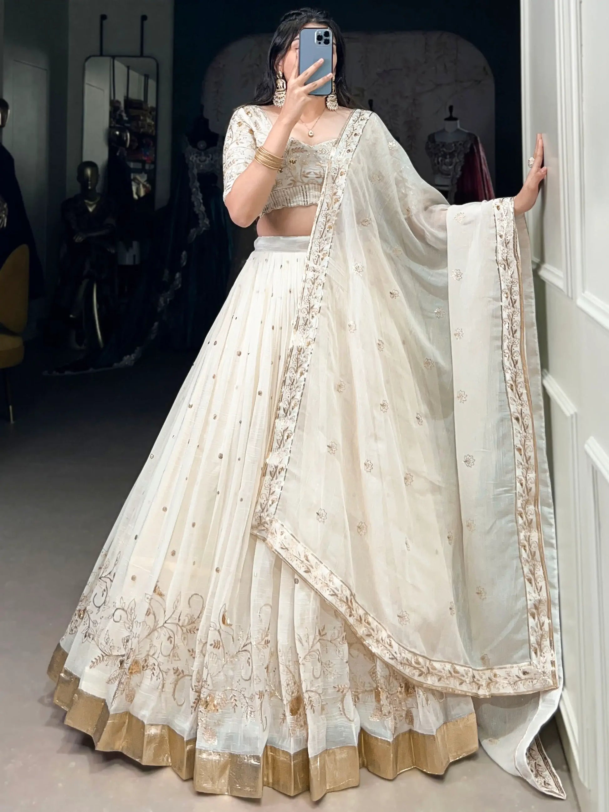 Enchanting Off-White Foil Work Silk Festive Wear Lehenga Choli With Dupatta - Zeel Clothing