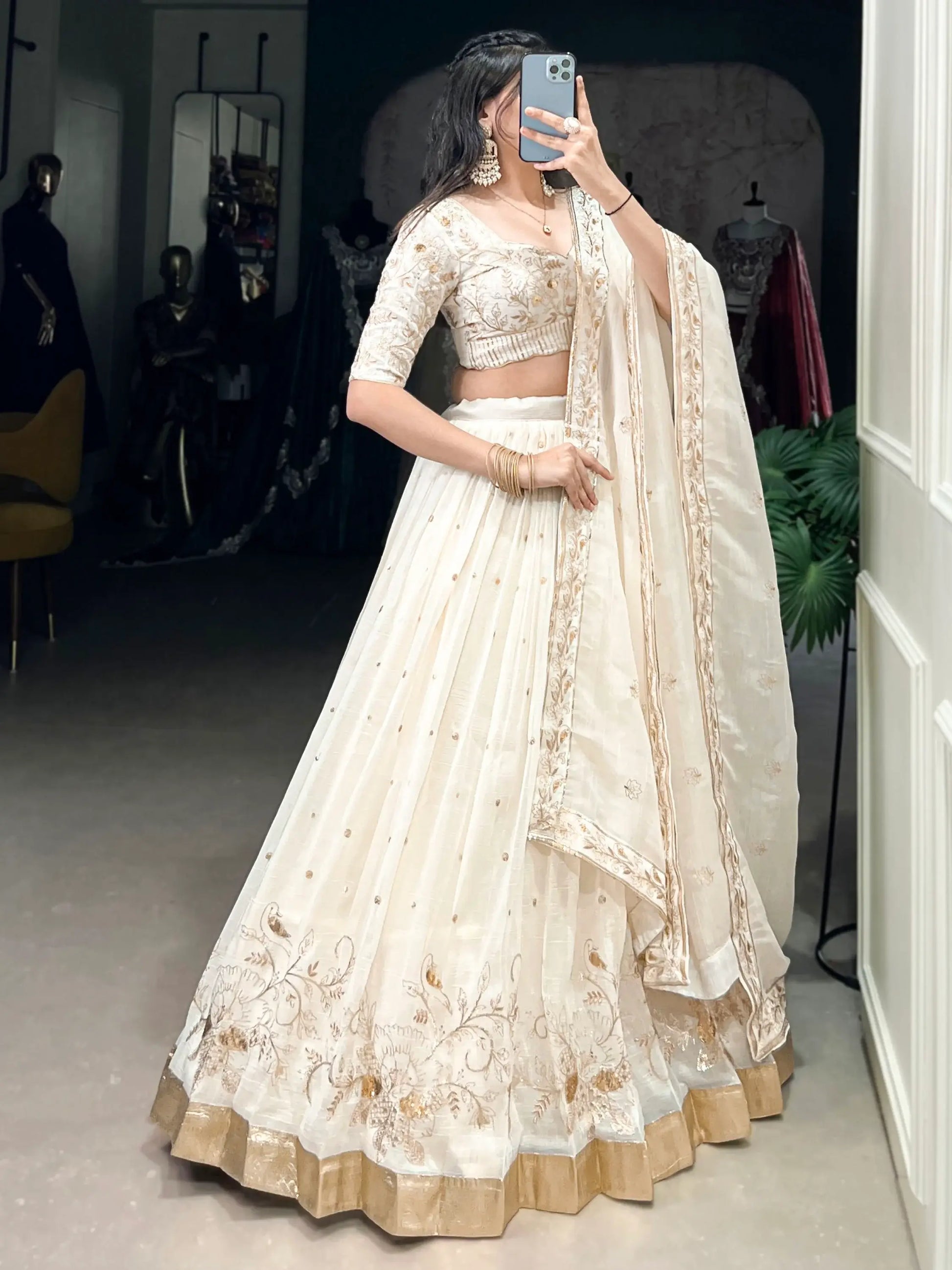 Enchanting Off-White Foil Work Silk Festive Wear Lehenga Choli With Dupatta - Zeel Clothing