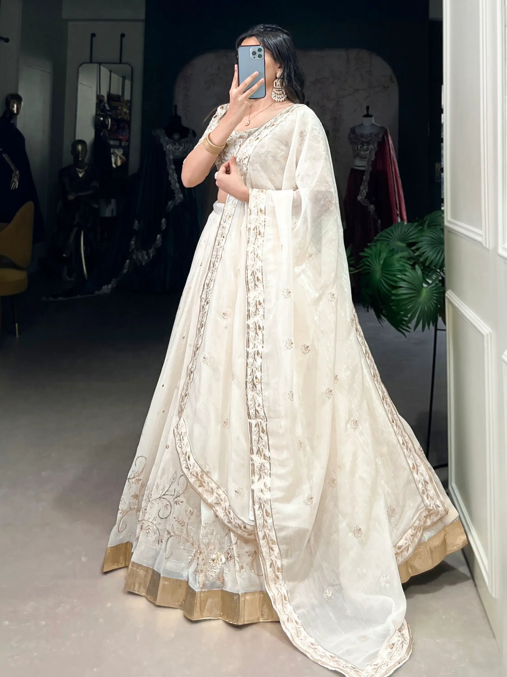 Enchanting Off-White Foil Work Silk Festive Wear Lehenga Choli With Dupatta - Zeel Clothing
