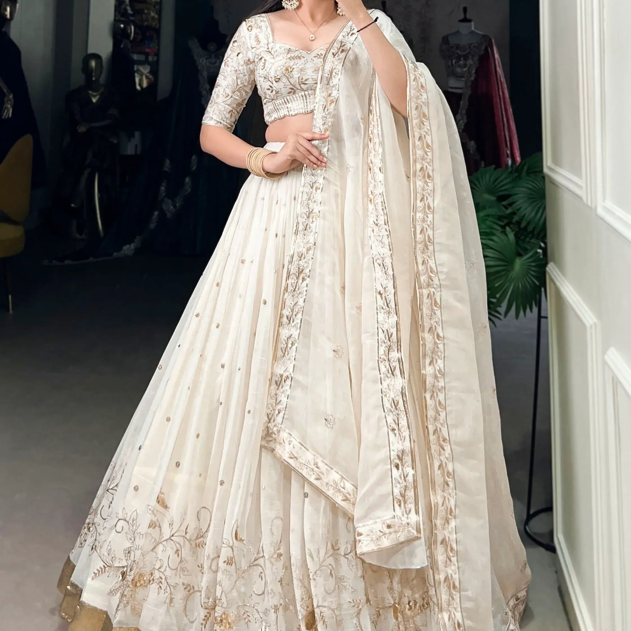 Enchanting Off-White Foil Work Silk Festive Wear Lehenga Choli With Dupatta - Zeel Clothing