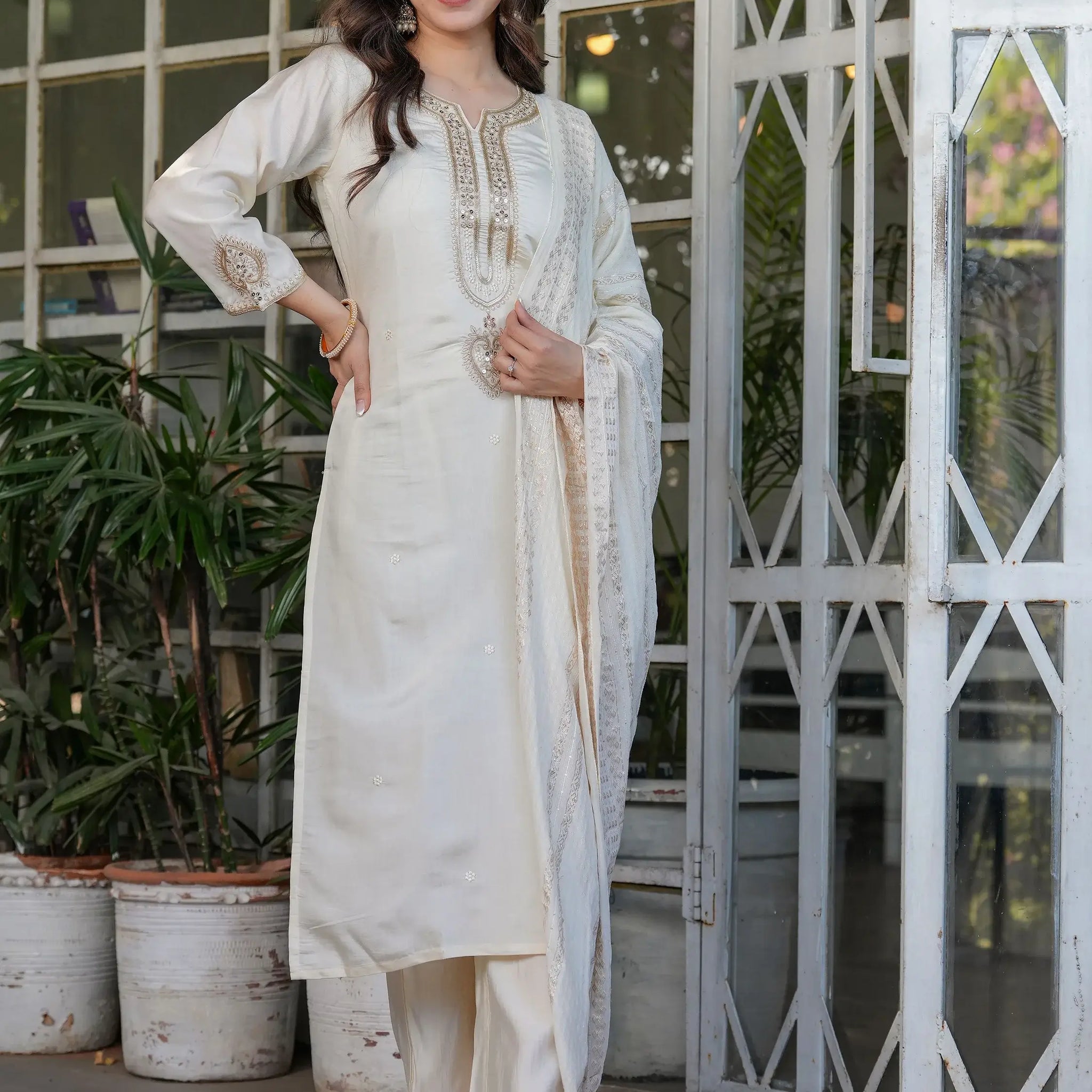 Enchanting Off-White Sequins Viscose Silk Festive Wear Pant Suit - Zeel Clothing