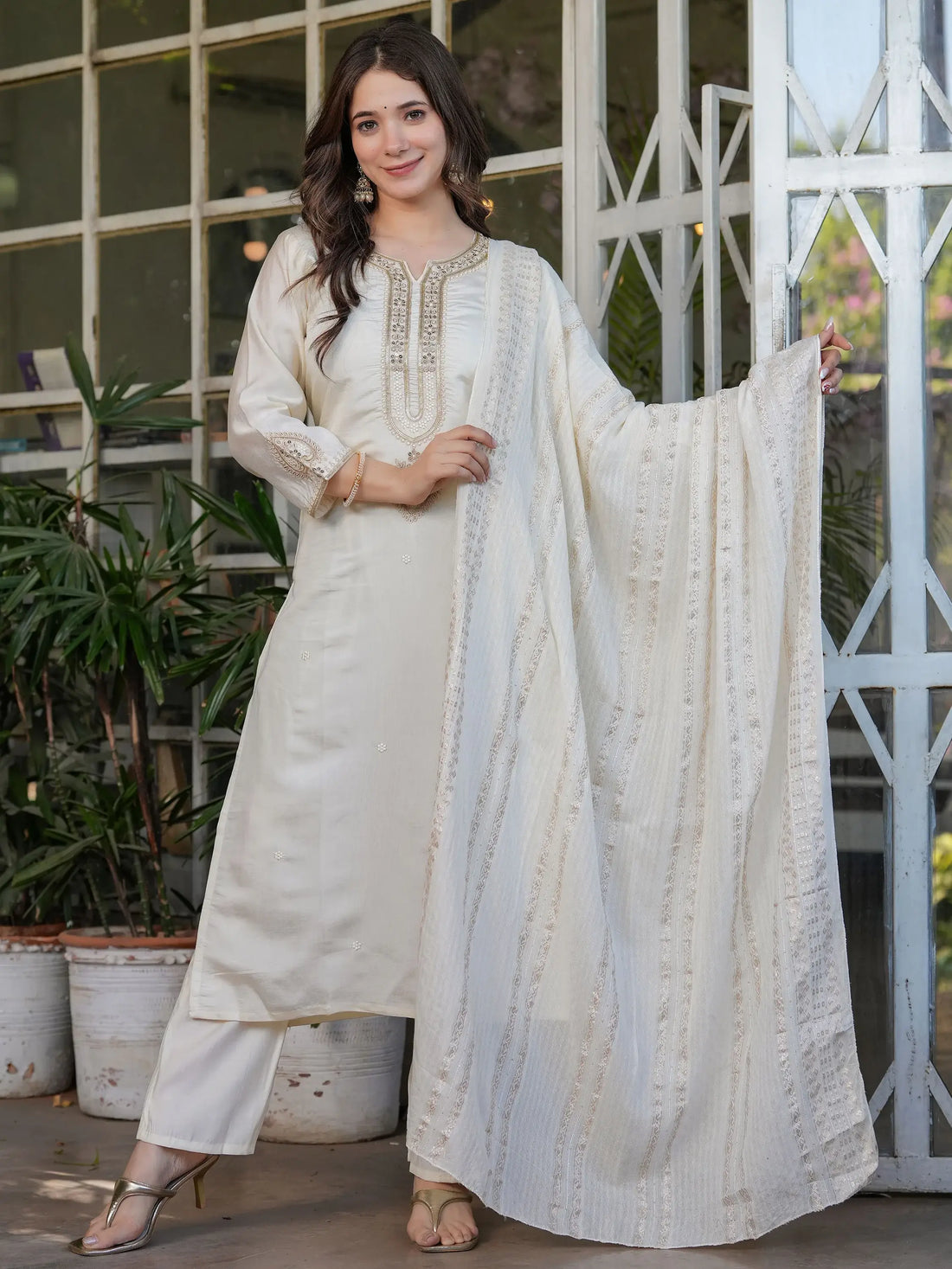 Enchanting Off-White Sequins Viscose Silk Festive Wear Pant Suit - Zeel Clothing
