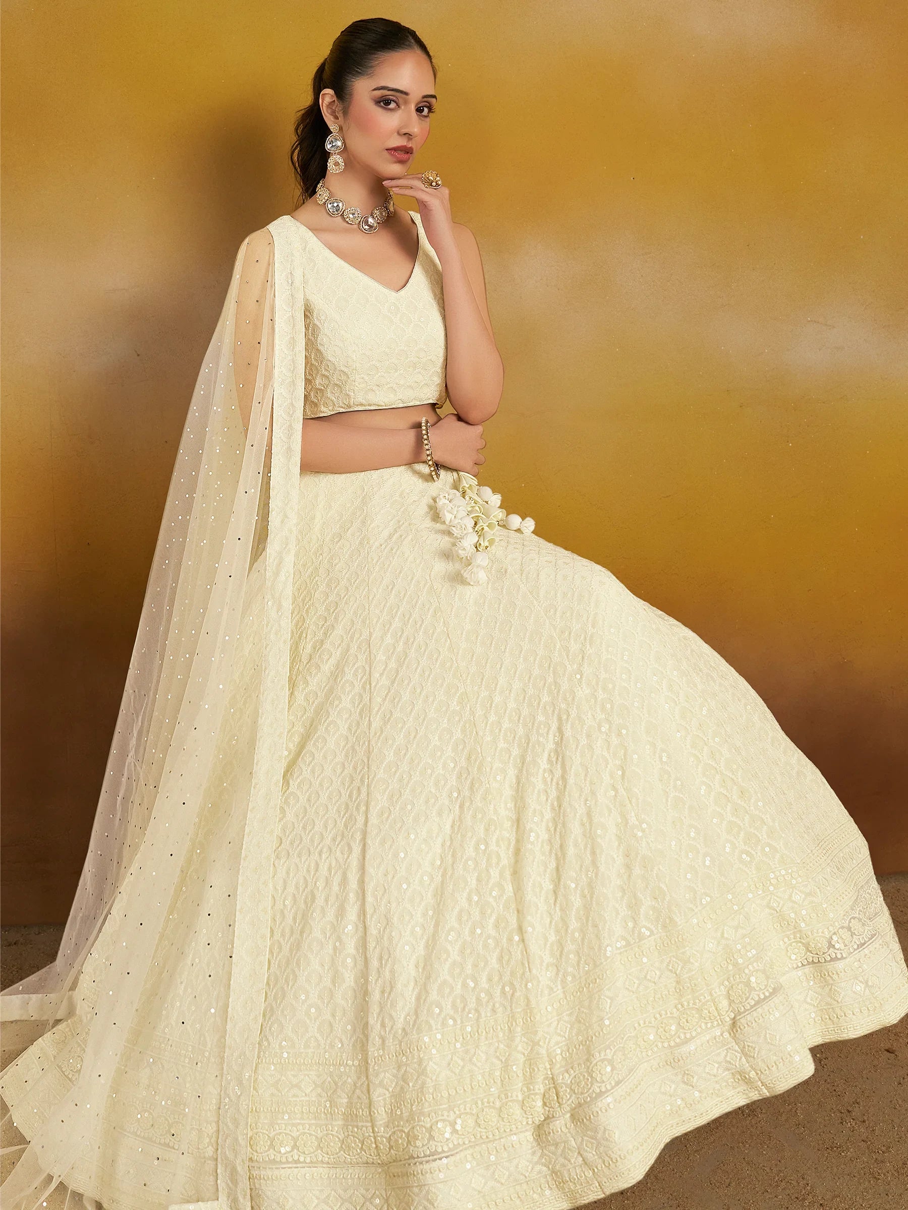 Enchanting Off-White Thread Work Georgette Traditional Lehenga Choli - Zeel Clothing
