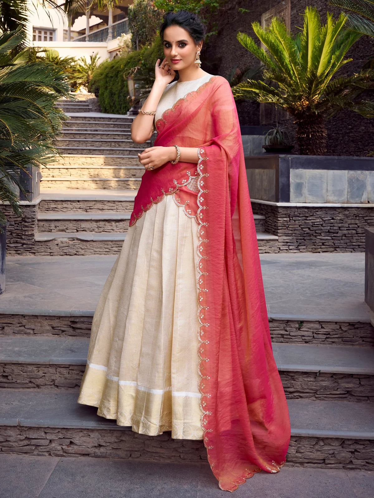 Enchanting Off-White Zari Weaving Jacquard Festival Wear Lehenga Choli - Zeel Clothing