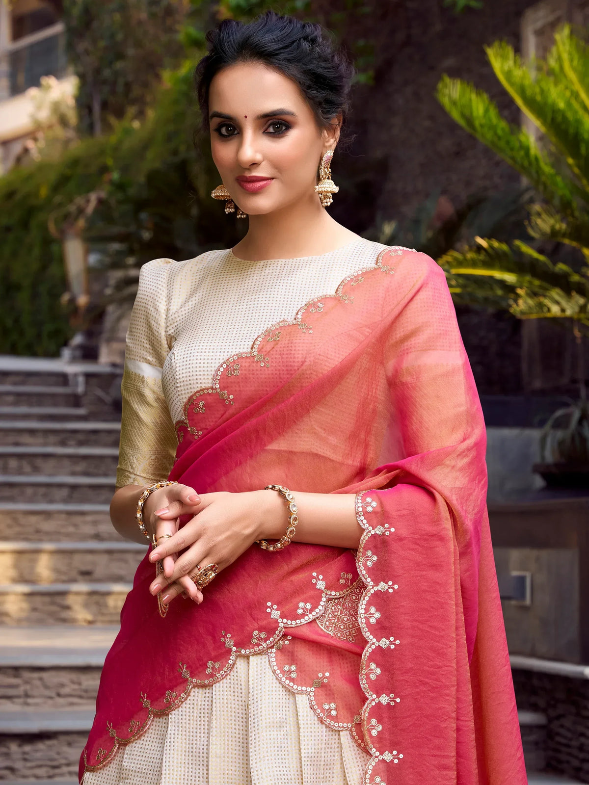 Enchanting Off-White Zari Weaving Jacquard Festival Wear Lehenga Choli - Zeel Clothing
