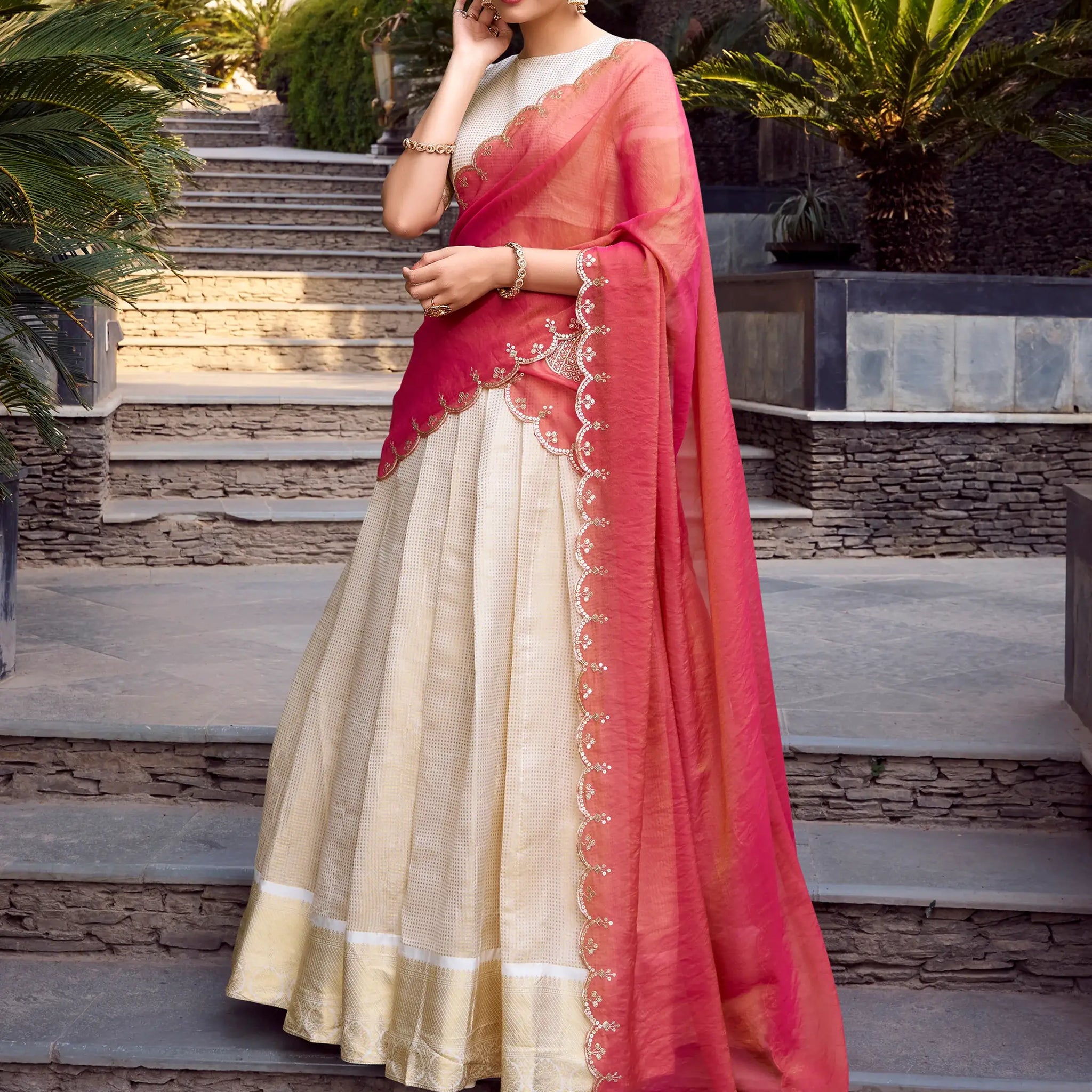 Enchanting Off-White Zari Weaving Jacquard Festival Wear Lehenga Choli - Zeel Clothing