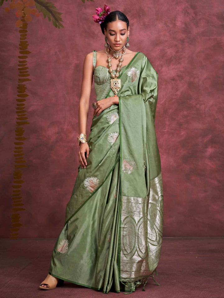 Enchanting Olive Green Zari Weaving Silk Banarasi Saree With Blouse - Zeel Clothing