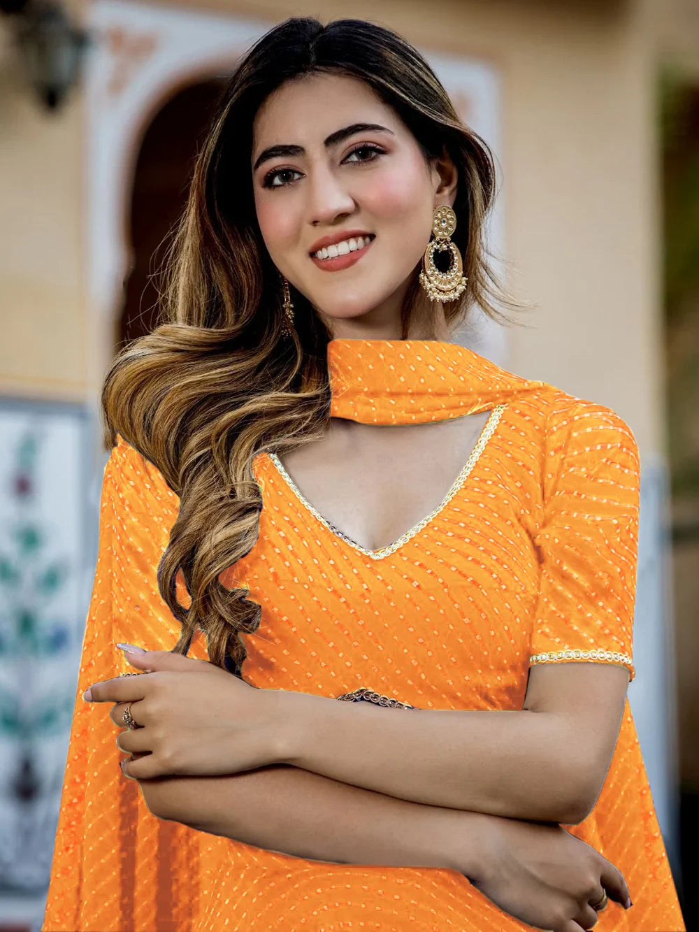 Enchanting Orange Laheriya Print Georgette Designer Lehenga Choli - Zeel Clothing
