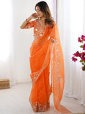 Enchanting Orange Sequins Organza Festive Wear Saree With Blouse