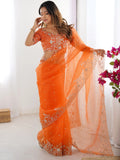 Enchanting Orange Sequins Organza Festive Wear Saree With Blouse