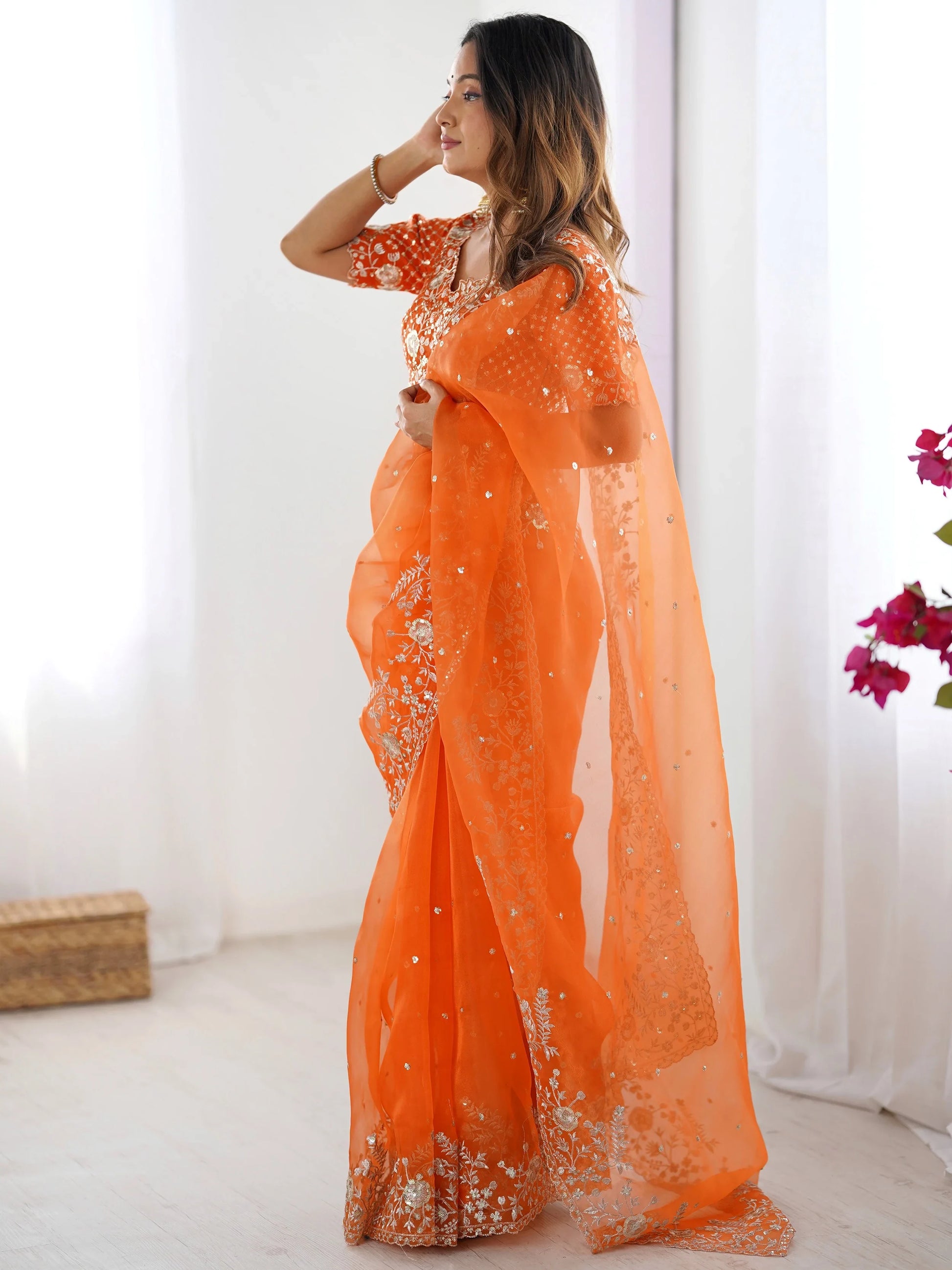 Enchanting Orange Sequins Organza Festive Wear Saree With Blouse
