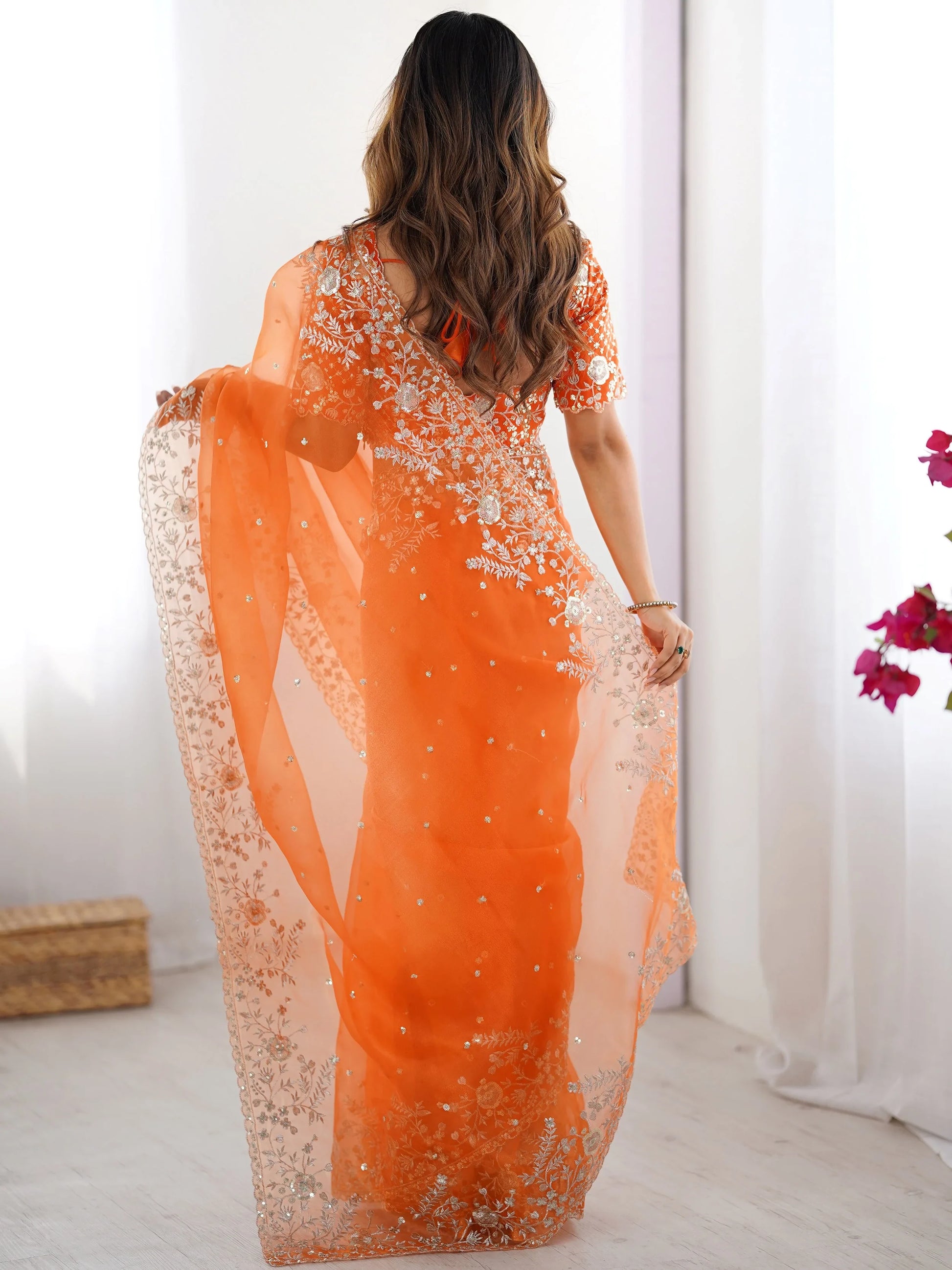 Enchanting Orange Sequins Organza Festive Wear Saree With Blouse