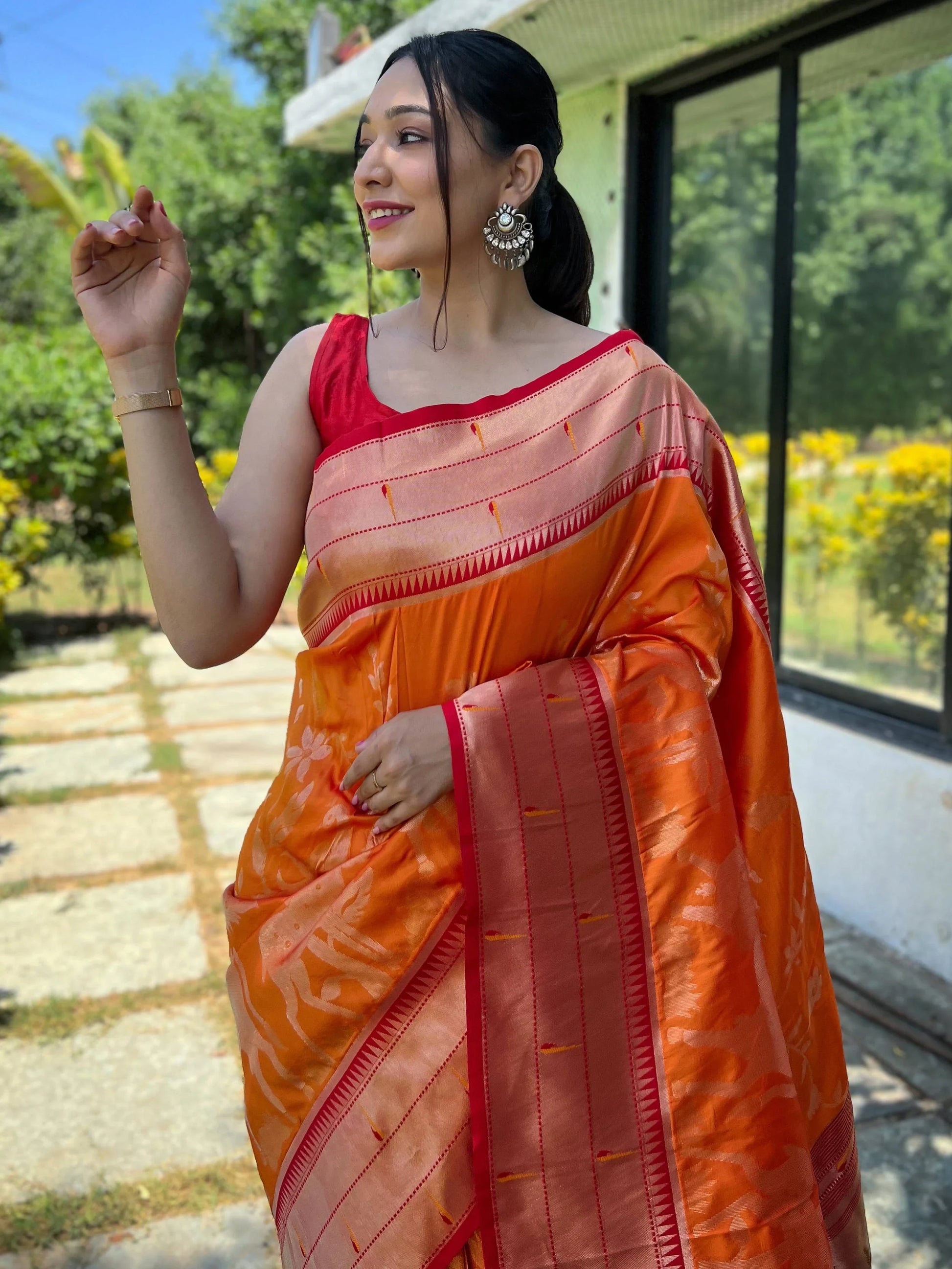 Enchanting Orange Woven Paithani Silk Wedding Wear Saree With Blouse - Zeel Clothing
