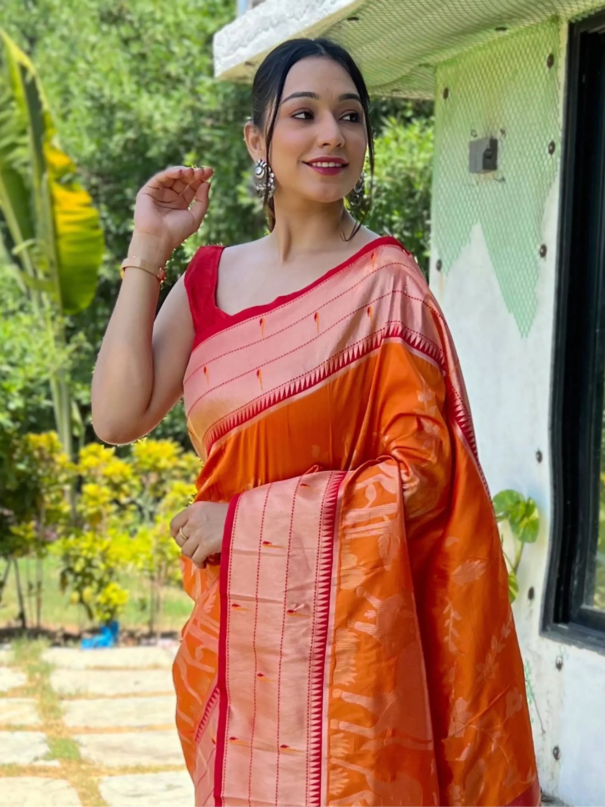 Enchanting Orange Woven Paithani Silk Wedding Wear Saree With Blouse - Zeel Clothing