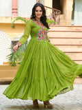 Enchanting Parrot Green Kutchi Patch Work Georgette Navratri Wear Gown - Zeel Clothing