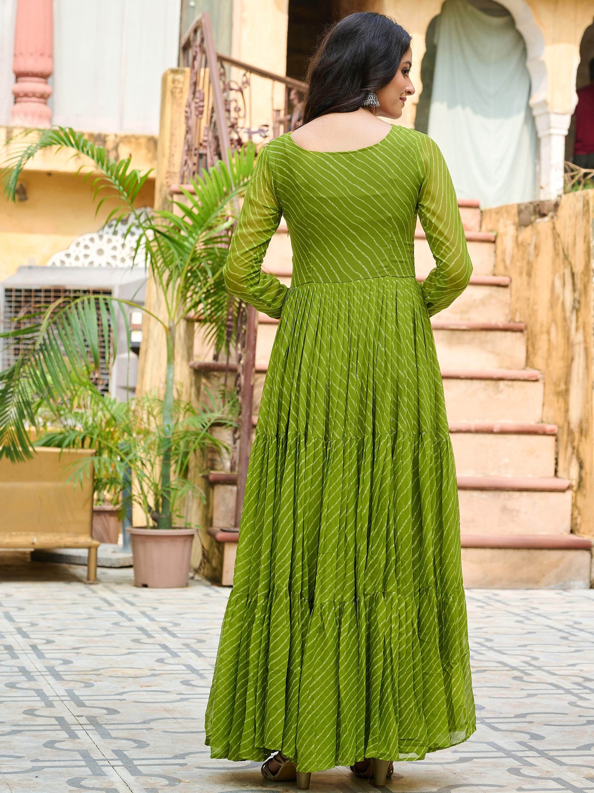 Enchanting Parrot Green Kutchi Patch Work Georgette Navratri Wear Gown - Zeel Clothing