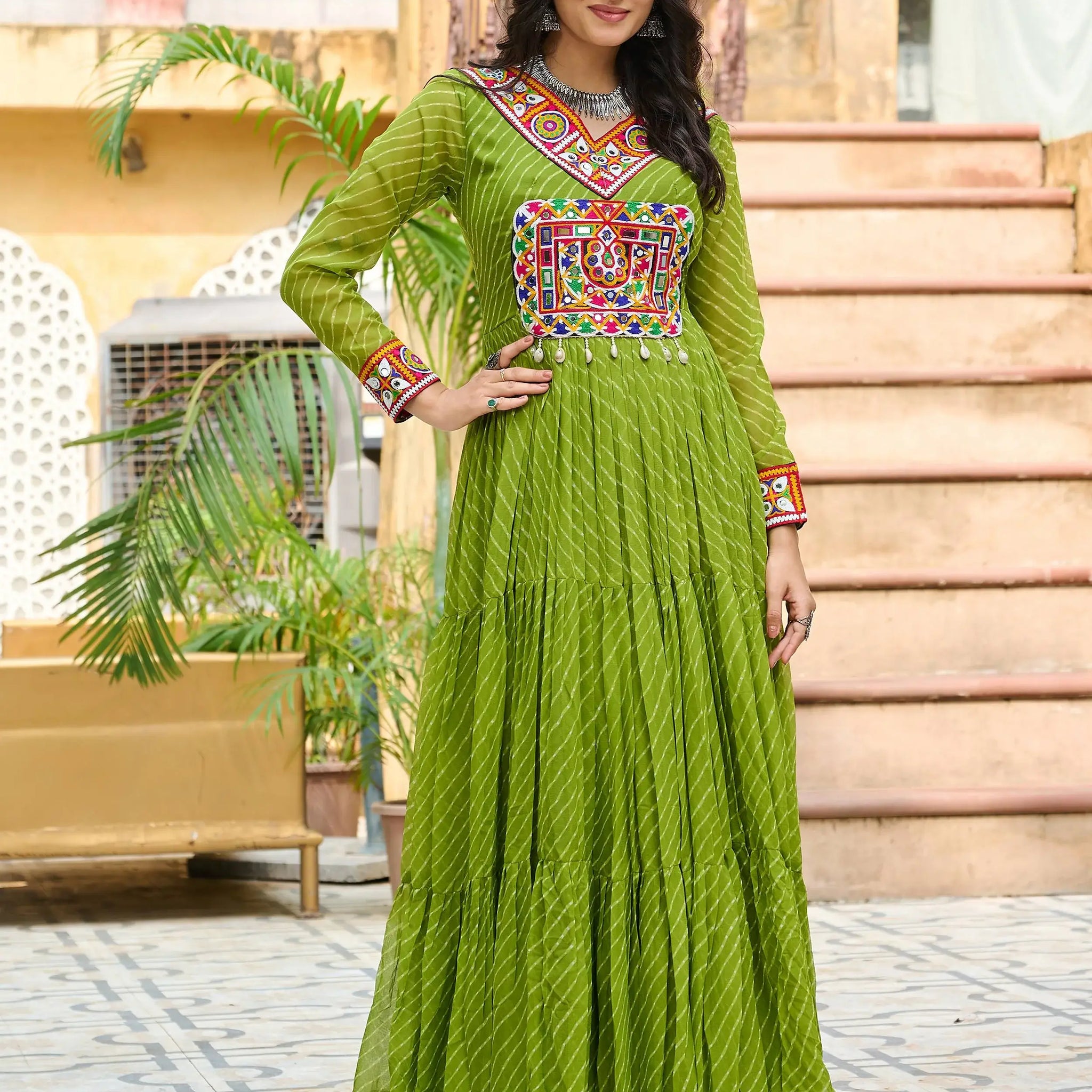 Enchanting Parrot Green Kutchi Patch Work Georgette Navratri Wear Gown - Zeel Clothing