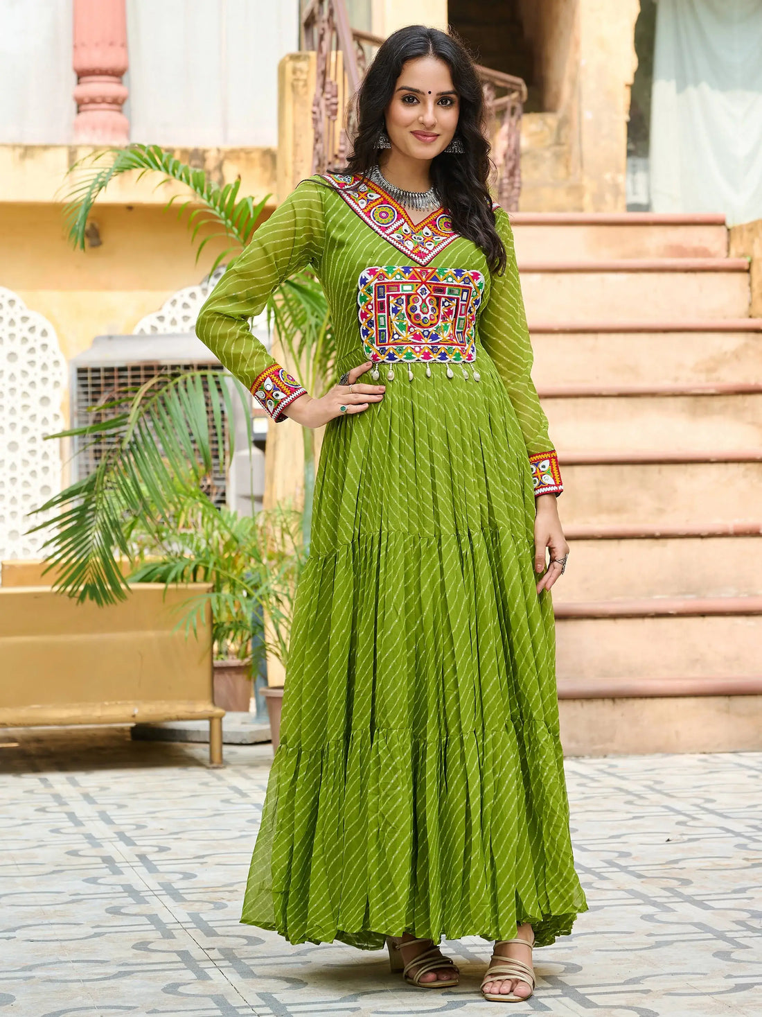 Enchanting Parrot Green Kutchi Patch Work Georgette Navratri Wear Gown - Zeel Clothing