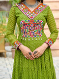 Enchanting Parrot Green Kutchi Patch Work Georgette Navratri Wear Gown - Zeel Clothing