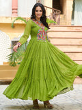 Enchanting Parrot Green Kutchi Patch Work Georgette Navratri Wear Gown - Zeel Clothing
