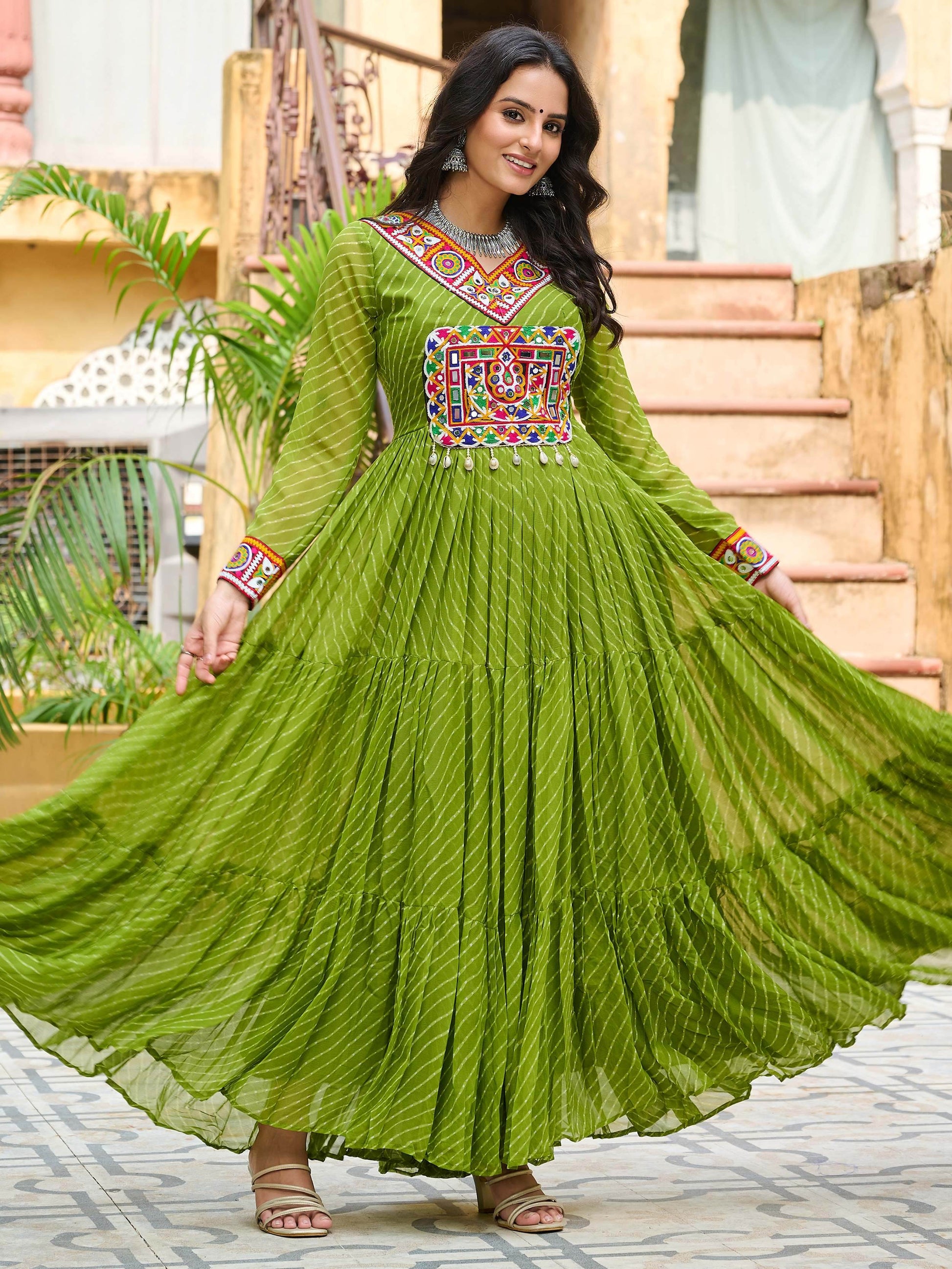 Enchanting Parrot Green Kutchi Patch Work Georgette Navratri Wear Gown - Zeel Clothing