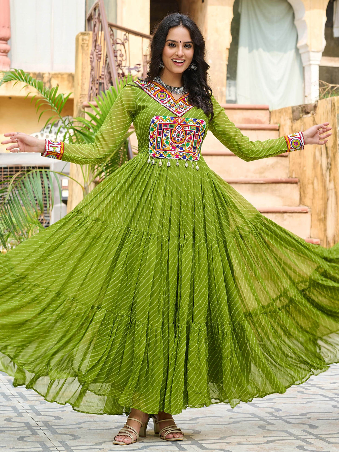 Enchanting Parrot Green Kutchi Patch Work Georgette Navratri Wear Gown - Zeel Clothing