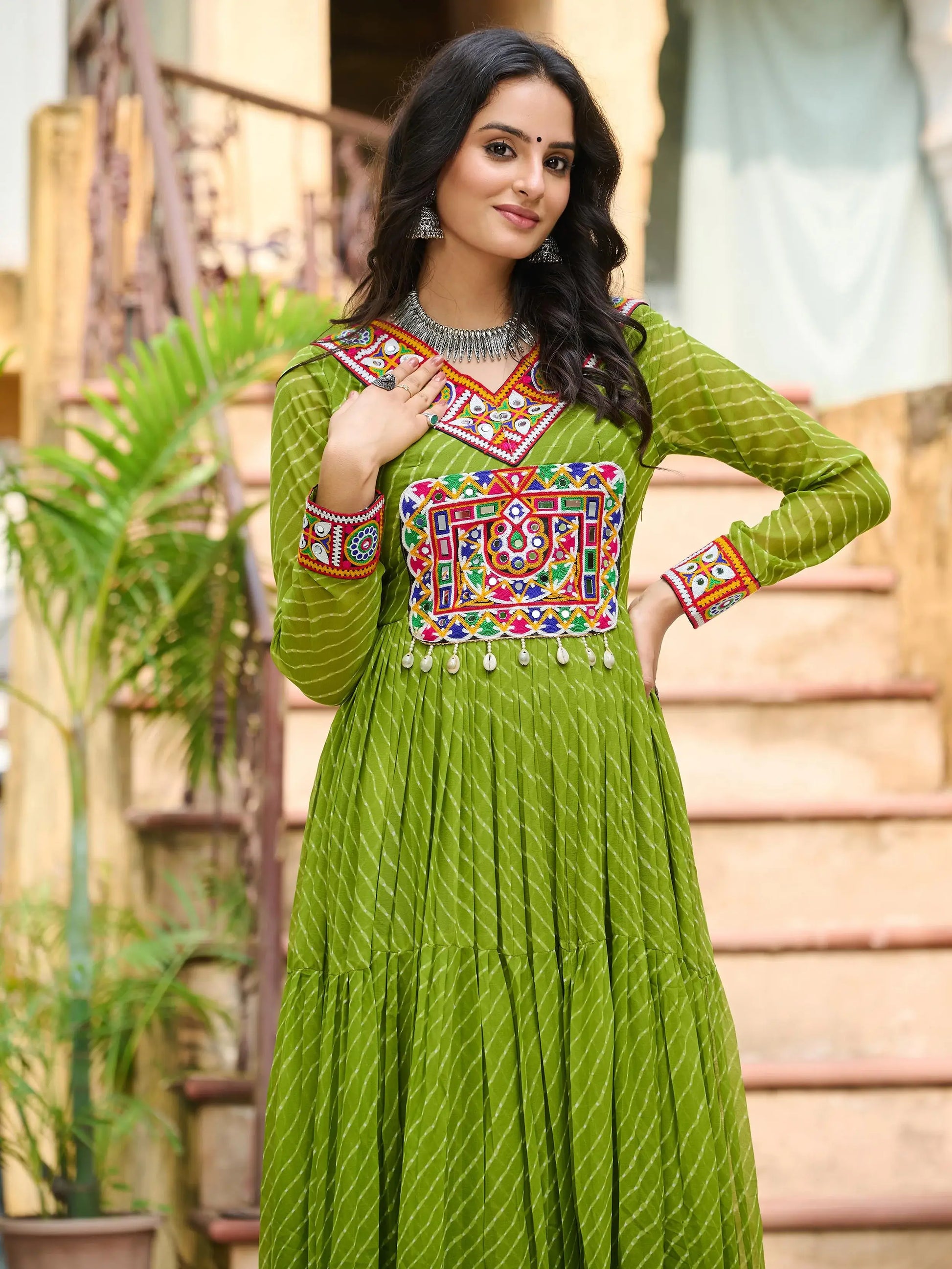 Enchanting Parrot Green Kutchi Patch Work Georgette Navratri Wear Gown - Zeel Clothing