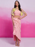 Enchanting Peach Embroidery Organza Party Wear Crop Top With Cape - Zeel Clothing