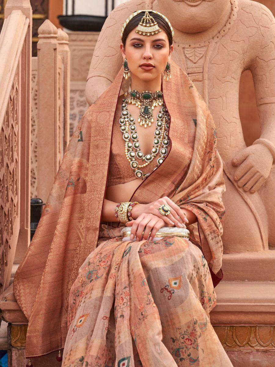 Enchanting Peach Zari Weaving Organza Saree With Blouse - Zeel Clothing