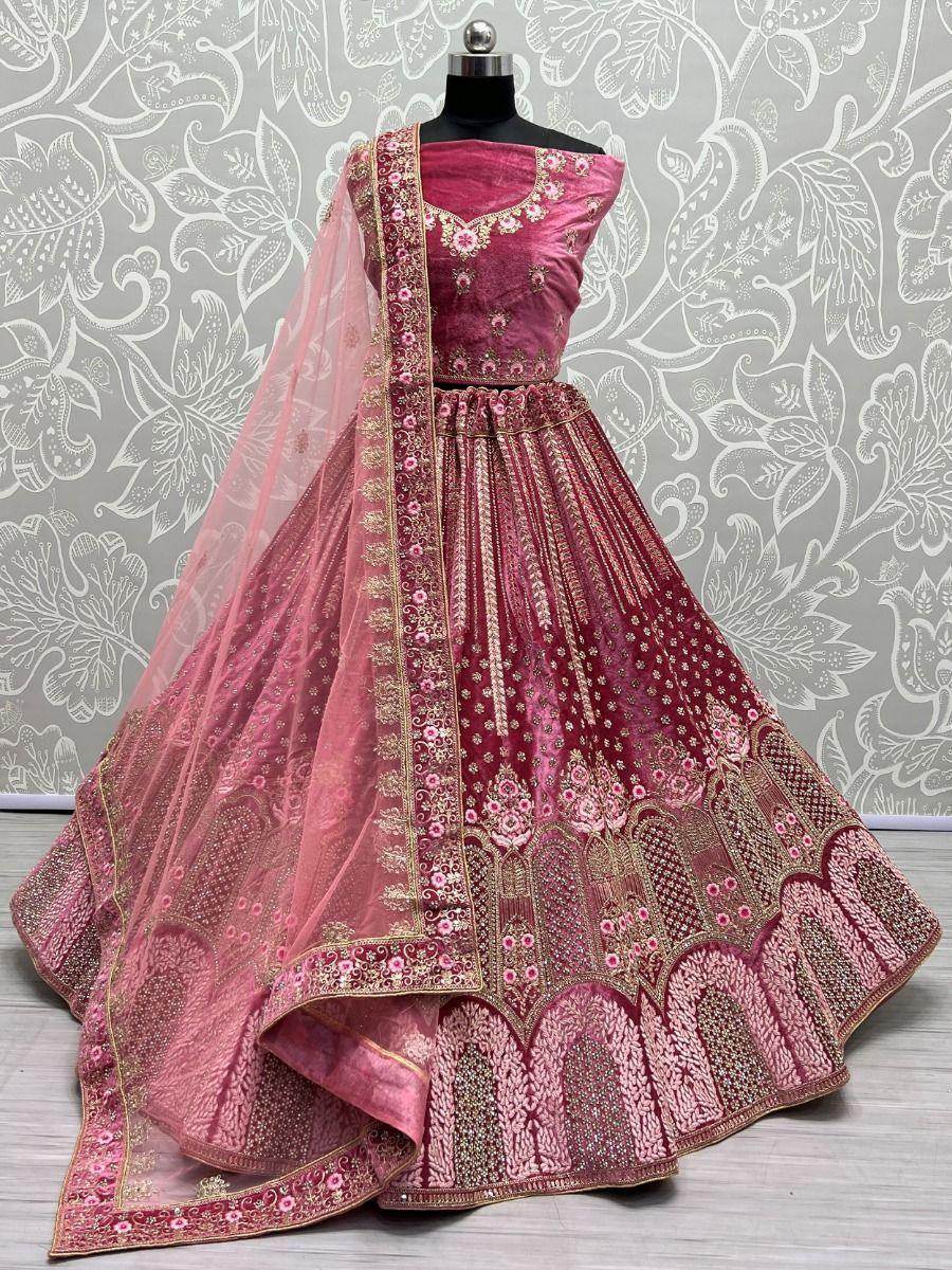 Enchanting Pink embroidered Work Velvet Lehenga Choli - Zeel Clothing