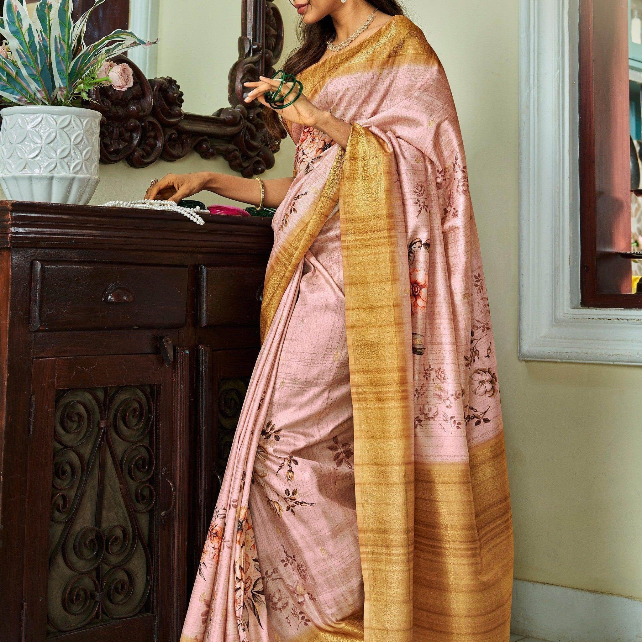 Enchanting Pink Floral Printed Function Wear Silk Saree With Blouse - Zeel Clothing