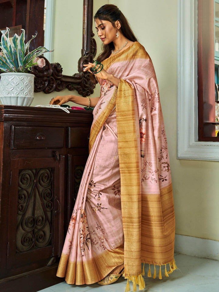 Enchanting Pink Floral Printed Function Wear Silk Saree With Blouse - Zeel Clothing