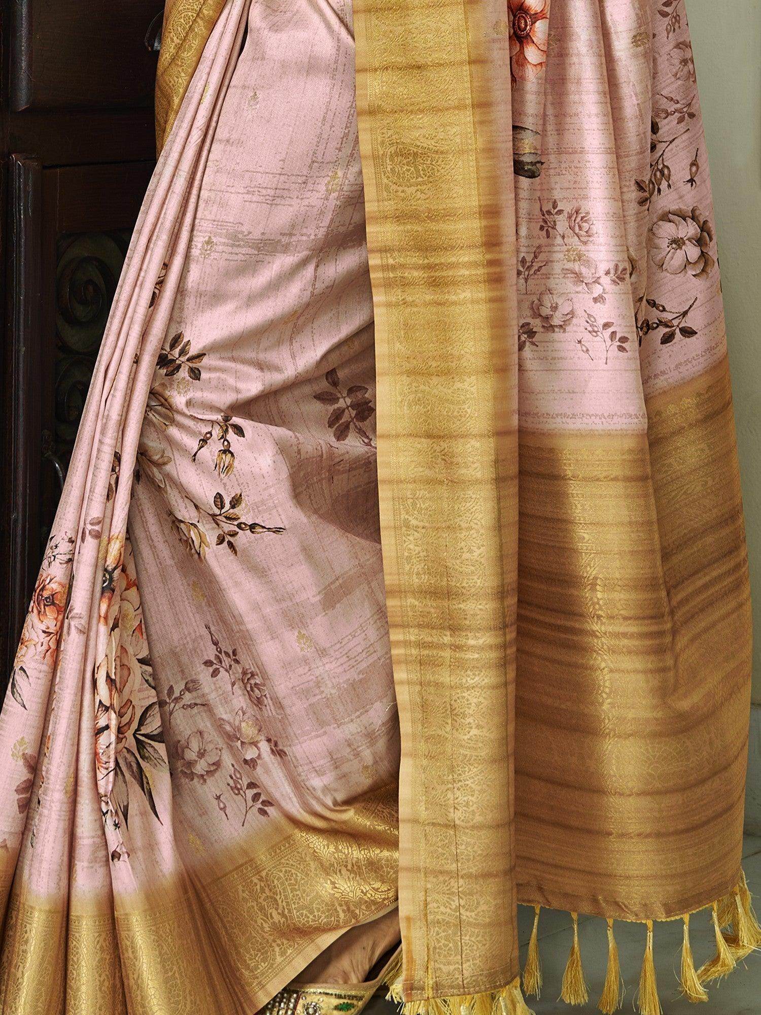 Enchanting Pink Floral Printed Function Wear Silk Saree With Blouse - Zeel Clothing