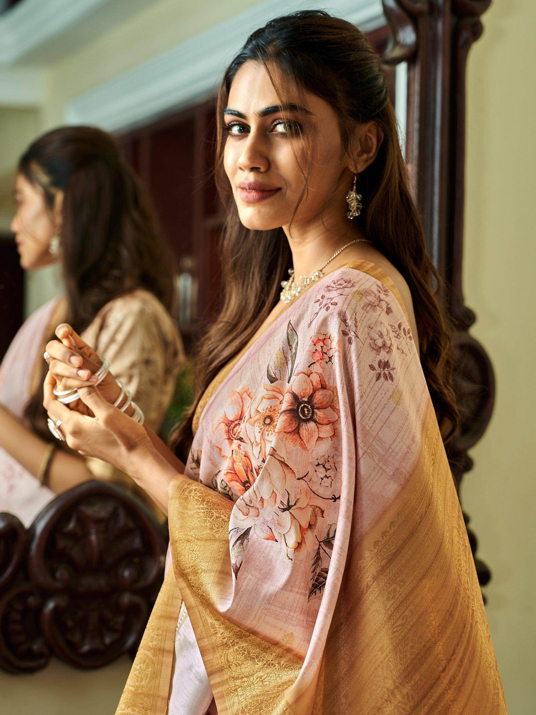 Enchanting Pink Floral Printed Function Wear Silk Saree With Blouse - Zeel Clothing