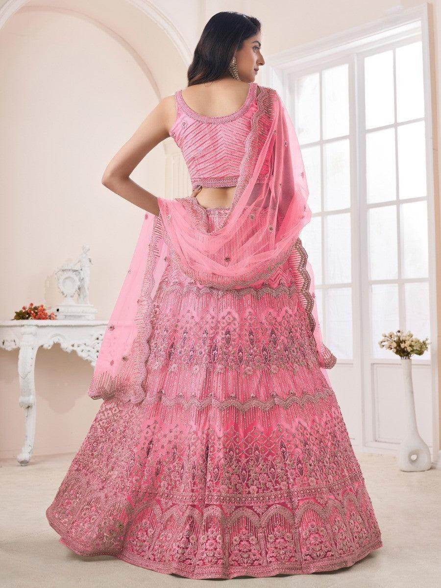 Enchanting Pink Net Sequins Bridal Wear Lehenga Choli With Dupatta - Zeel Clothing