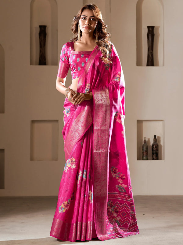 Enchanting Pink Printed Silk Traditional Saree With Blouse - Zeel Clothing