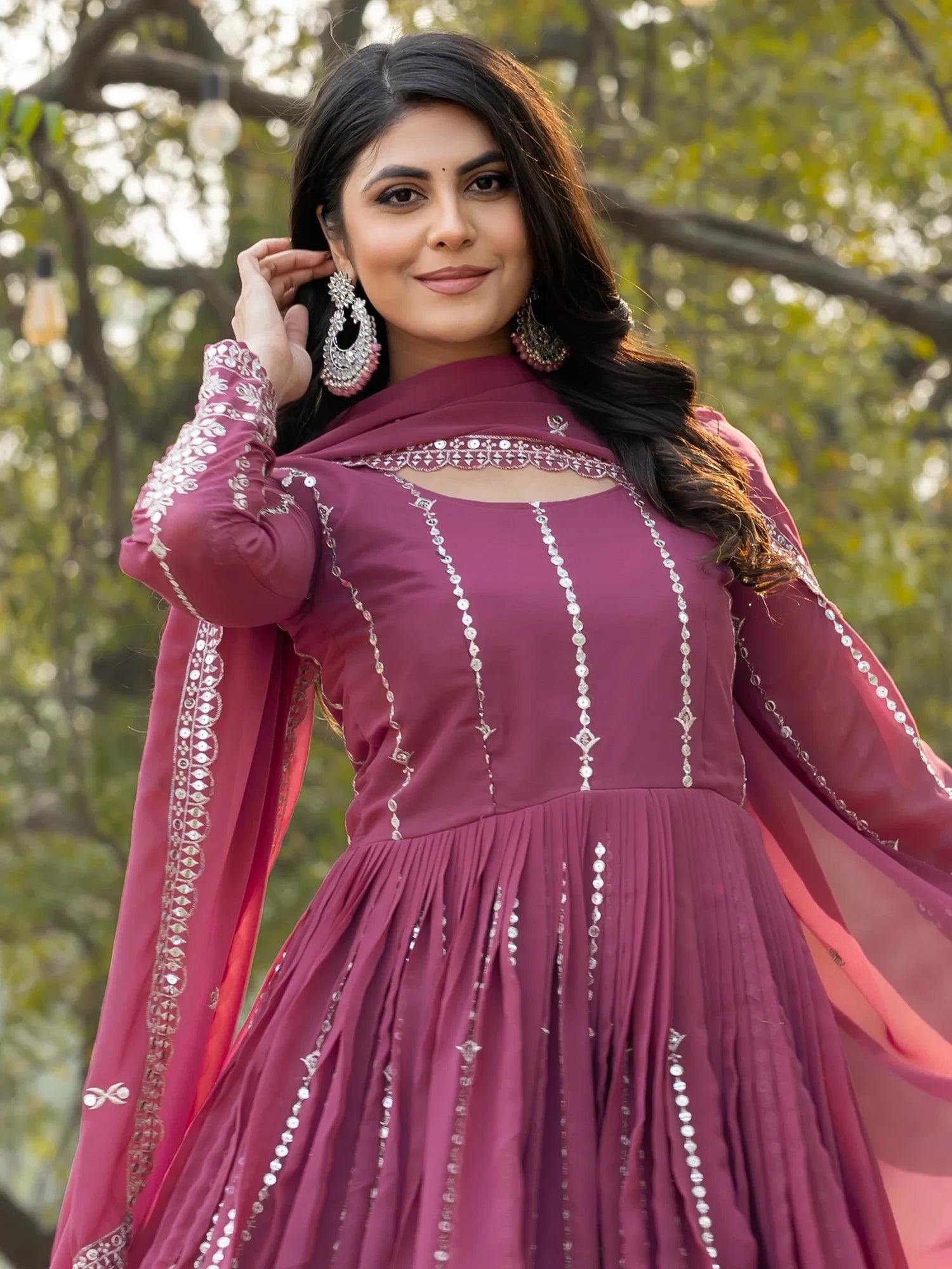 Enchanting Pink Thread Work Georgette Gown With Dupatta - Zeel Clothing