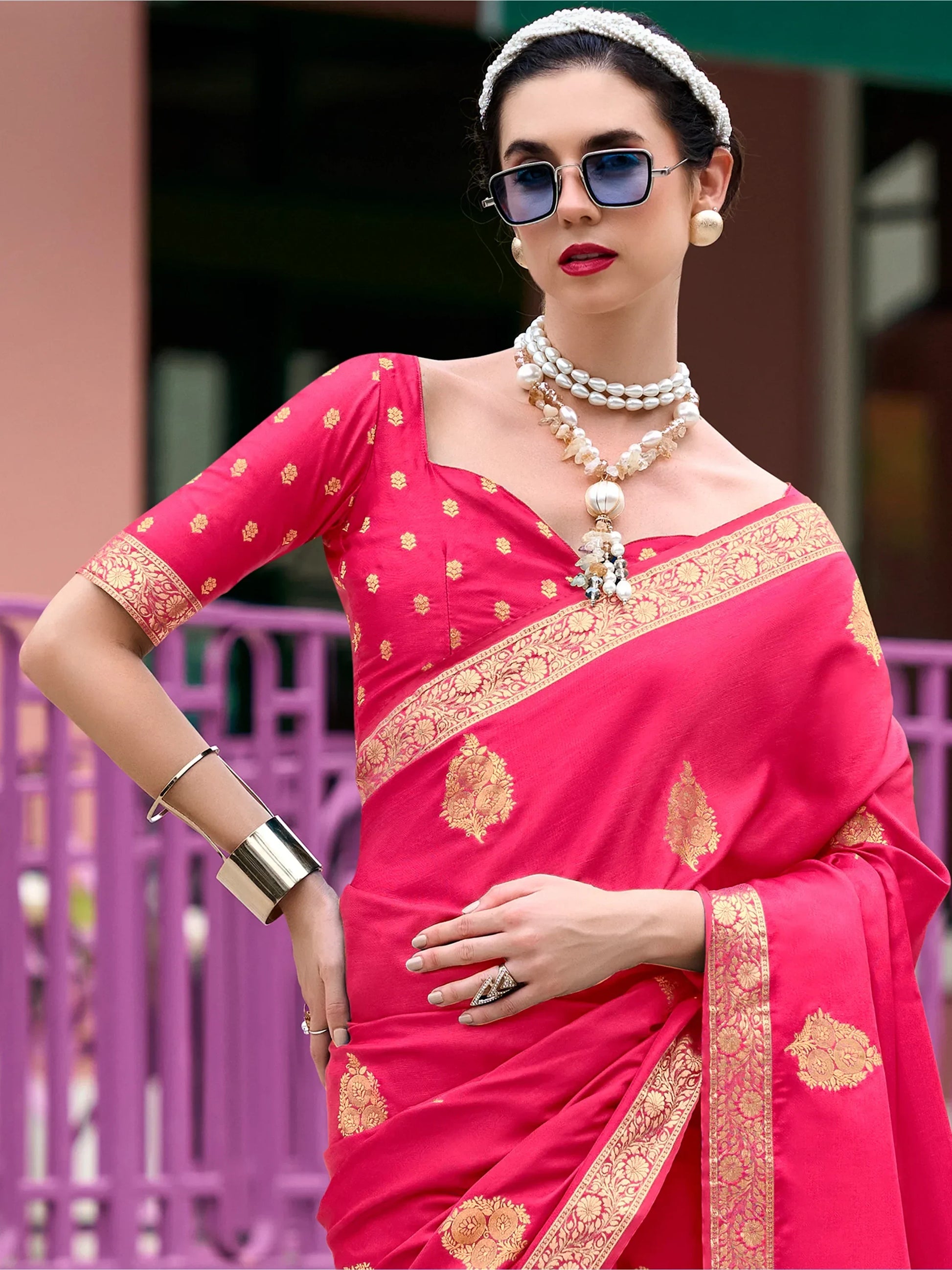 Enchanting Pink Zari Weaving Satin Traditional Saree With Blouse - Zeel Clothing
