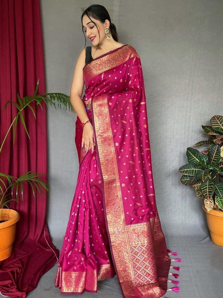 Enchanting Pink Zari Woven Silk Festival Wear Saree With Blouse