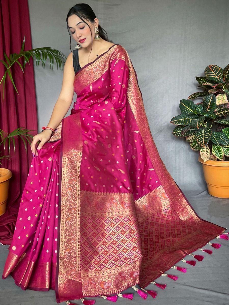 Enchanting Pink Zari Woven Silk Festival Wear Saree With Blouse